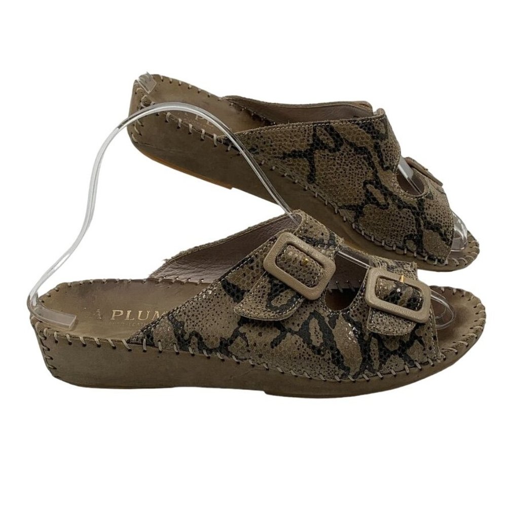 La Plume Womens Leather Reptile Slip-On Sandals Sz 39 Double Strap Buckle